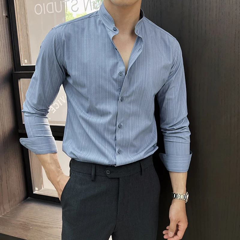 

Chinese Style Stand Up Collar Striped Shirt for Men Long Sleeve Slim Fit Casual Shirts Business Formal Dress Shirts Men Clothing