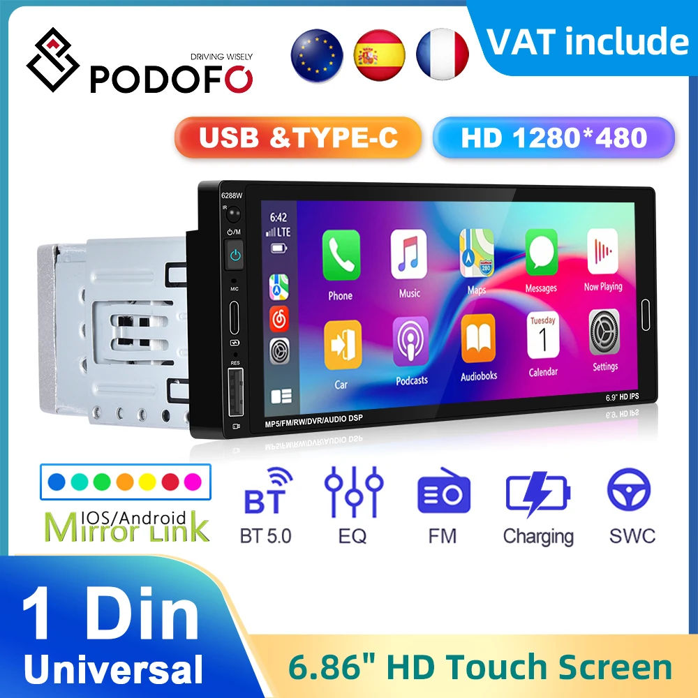 Podofo 1din Car MP5 Player For Universal 6.86