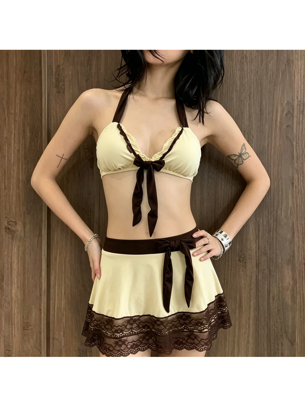 

Summer 2026 New Y2K Pure Desire Style Skirt Bikini Hot Girl Set with Neck Hanging Lace Edge and Chest Cushion for Beach Vacation