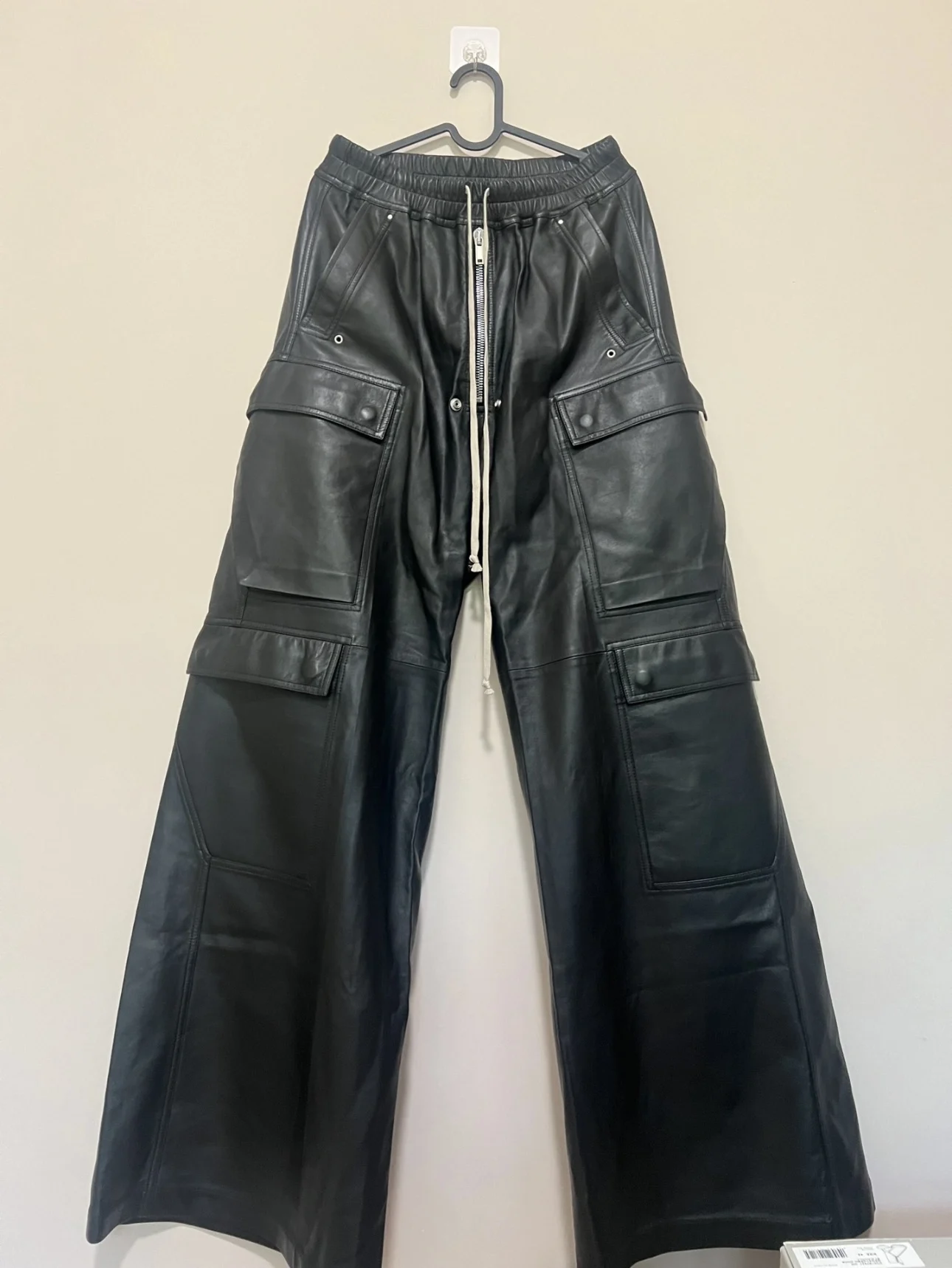 2023ss R0 Leather Pants Dark Multi Pocket Work Casual Drawstring Flared Wide Leg Pants Casual Jeans