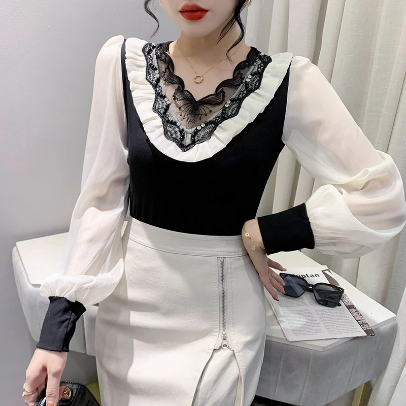 Autumn Long Sleeved Ruffles Women Chiffon Shirt Lace patchwork Hollow Top Fashionable Contrasting Color Nail Beads Blouses