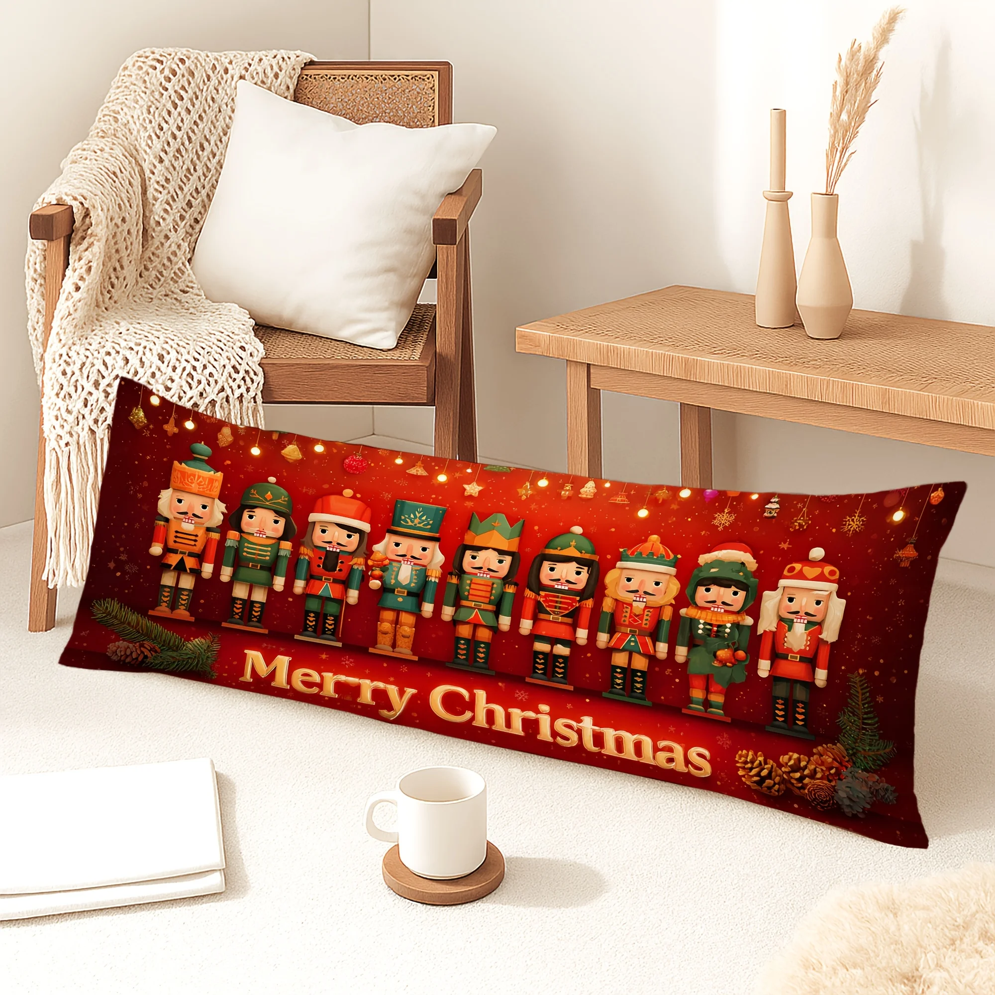 1pc Large Body Pillow Case Compatible for Christmas Nutcracker, Pine Cones & Snowflakes Decorations - Soft Cover with Zipper Clo
