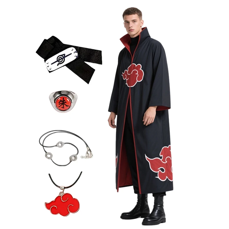 Disfraz de Cosplay Anime Akatsuki Bata de Nubes Rojas con Collar Cinta para la Cabeza Anillo para Juego de Roles Niño y Adulto