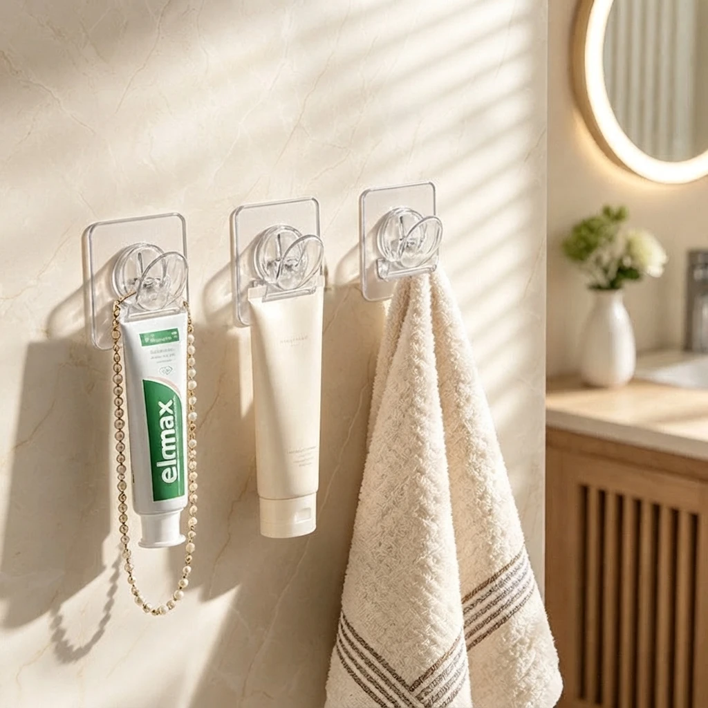 Punch‑Free Self‑Adhesive Wall Clip Multi‑Purpose Wall Mount Clamp for Bathroom Kitchen Hanging Towel Toothpaste Storage