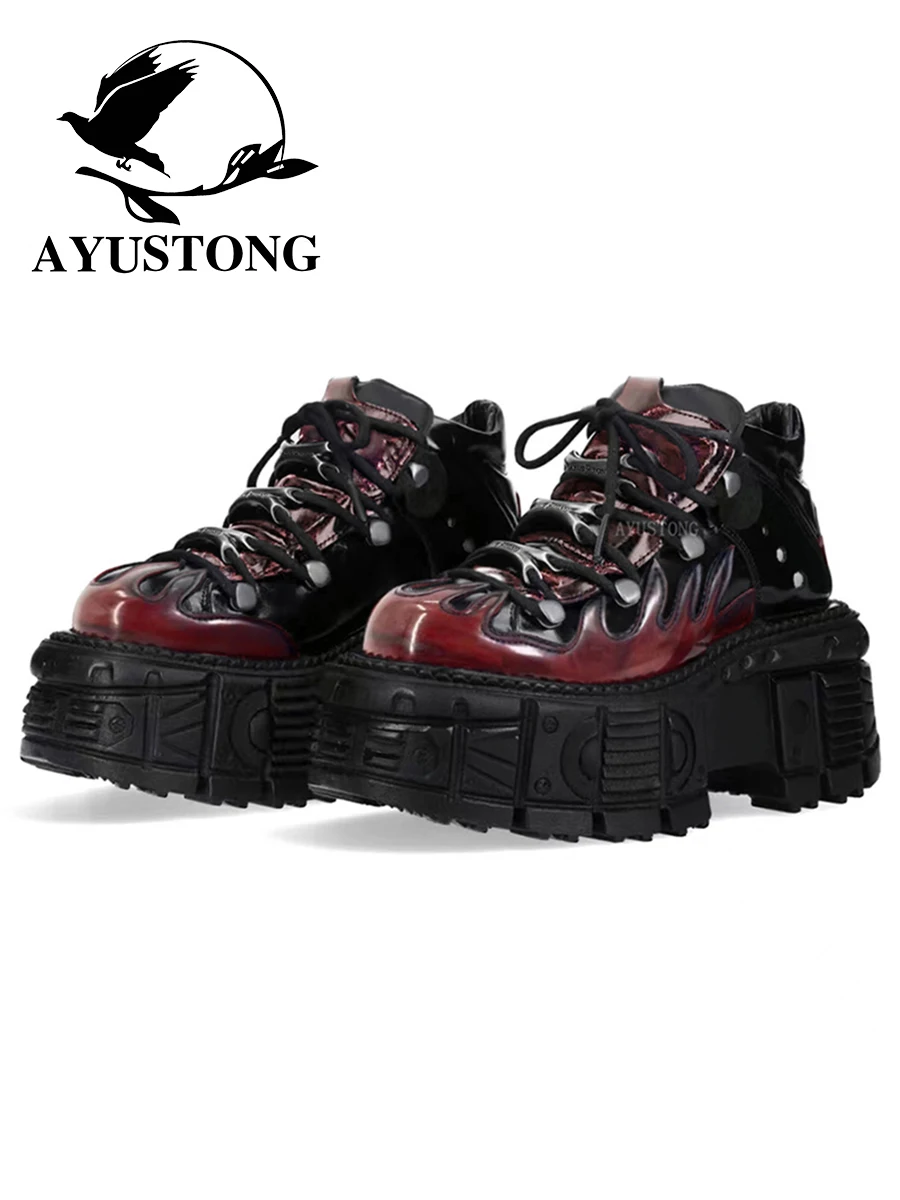 

AYUSTONG Высокий топ в стиле панк Thi Bot oes ex k Flame Y2K Faionable Кожаное oes повышенной высоты для молодежи