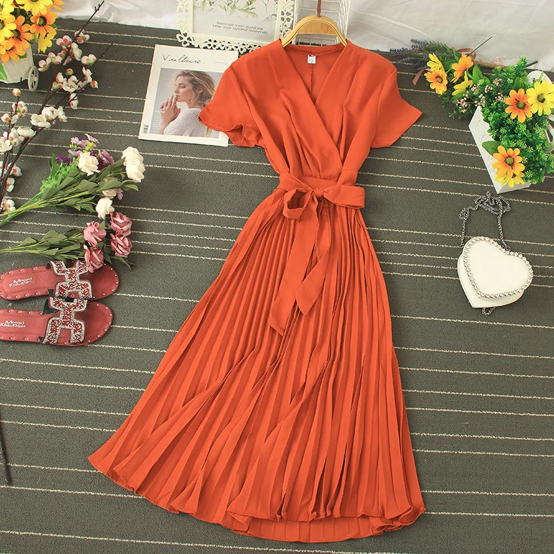 Summer Retro Chiffon Pleated Dress 2021 Women Elegant V-neck Short Sleeve Party Dress Slim Sexy Lace Up Pleated A-line Dress