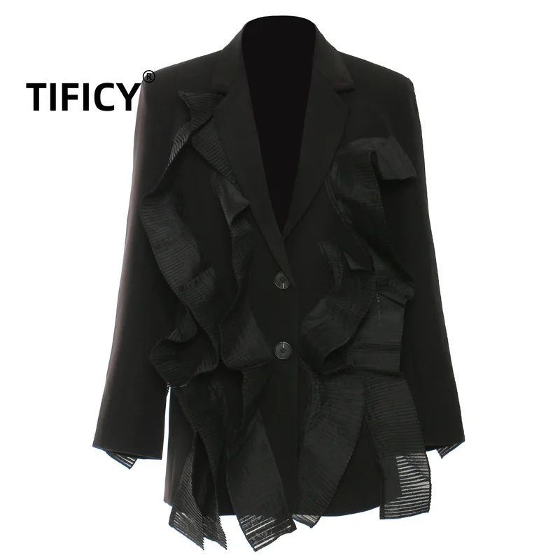 Tificy Autumn Blazers Women's Ultra Heavy Duty Patchwork Pleated Fairy Style Casual Suit Jacket Top
