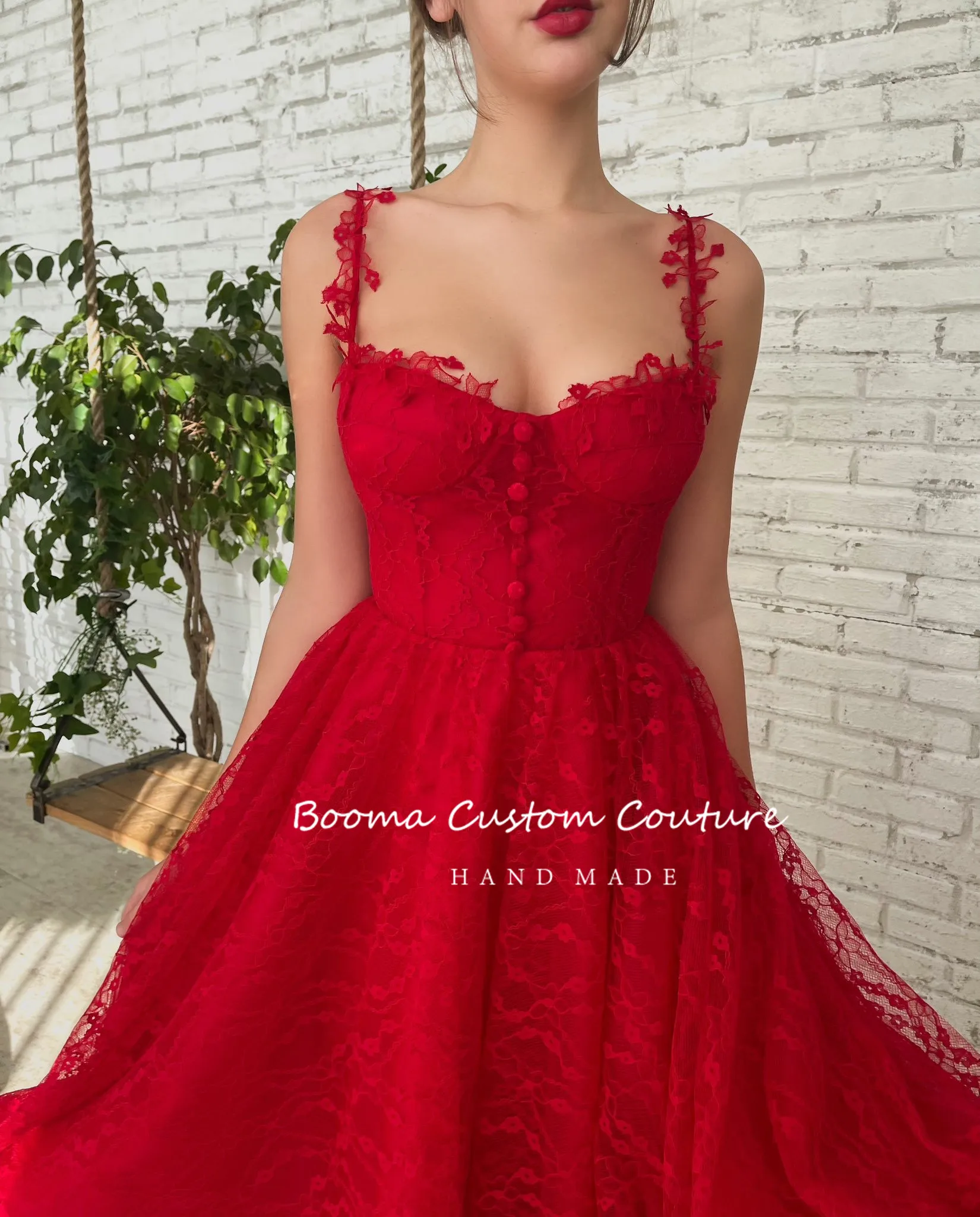 Booma Red Lace Midi Prom Dresses 2022 Spaghetti Straps Sweetheart Buttoned Tea-Length Wedding Party Dresses A-Line Formal Gowns