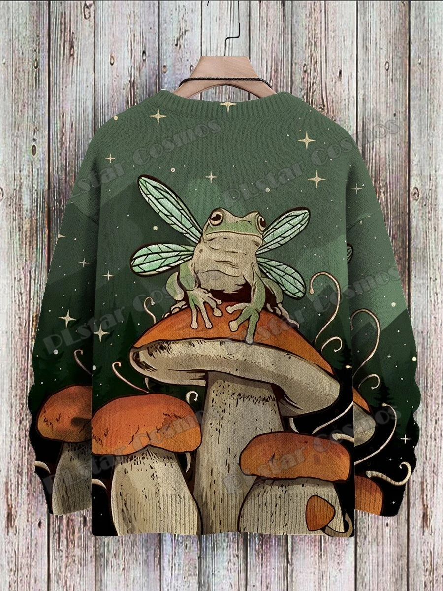 Vintage Cute Frog Yoga Mushroom Art Pattern 3D Printed Men\'s Knitted Pullover Winter Unisex Casual Knit Pullover Sweater ZZM120