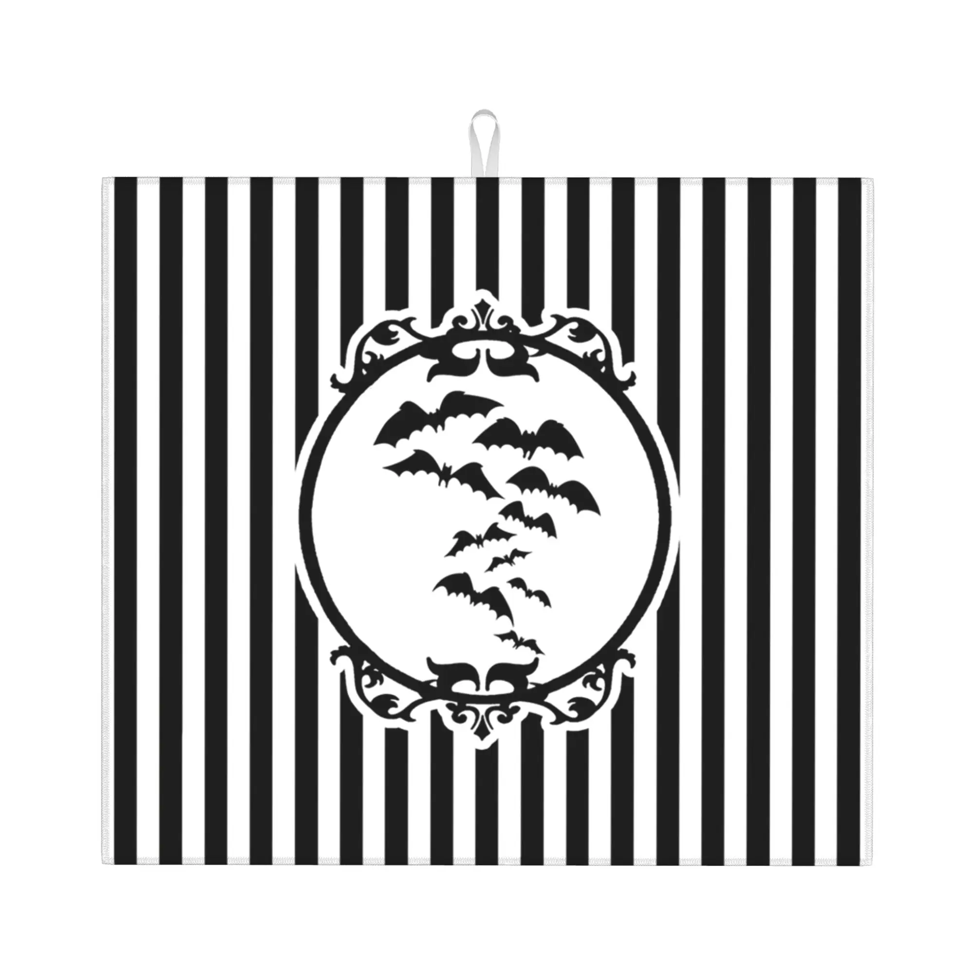 Drying Mat For Kitchen Stripes And Bats Waterproof Reusable Goth Occult Witch Halloween On Slip Kitchen Counter Protector Mat