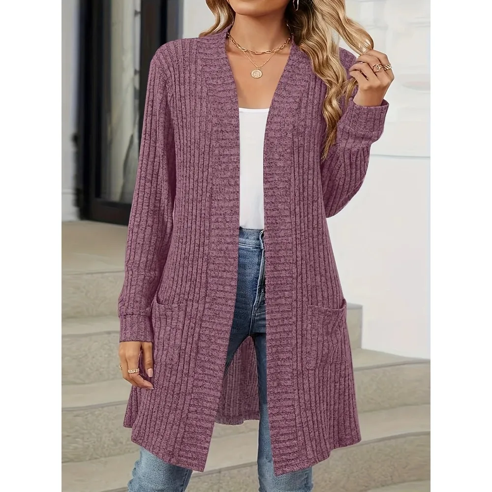 حجم كبير 1XL-5XL المرأة الموضة الصلبة مضلع جيوب معطف طويل السيدات عادية مفتوحة الجبهة معطف أنيق كم طويل معطف