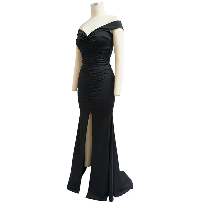 Nieuwe Zeemeermin Maxi Jurk Voor Vrouwen Feest Prom Elegante Dames Sexy Off Shoulder Diepe V-Hals Lange Slanke Split Jurken Zwart Wit Xxl