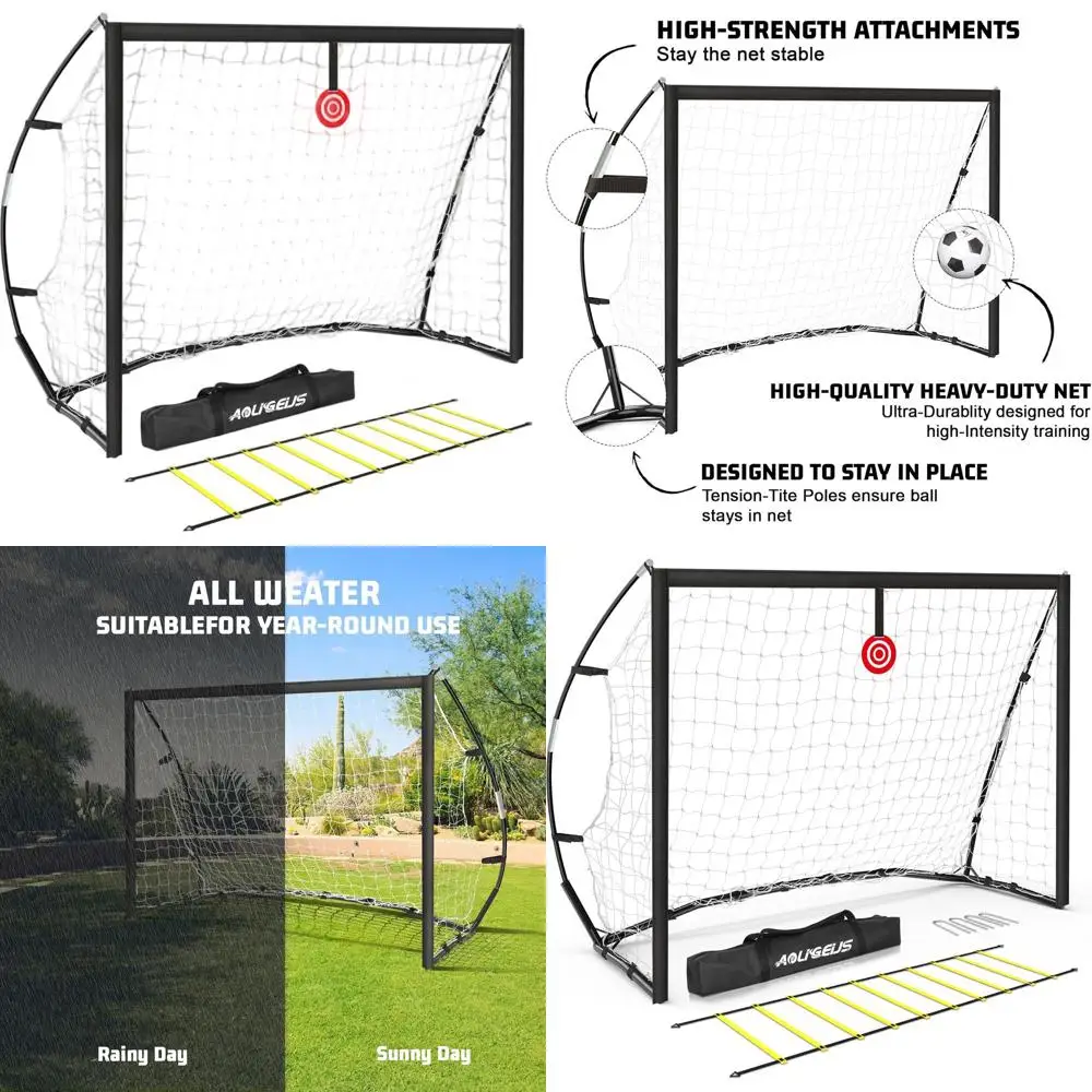 

Youth & Adult Portable Soccer Goals with Net, Ground Stakes, Soccer Target, and Agility Training Equipment