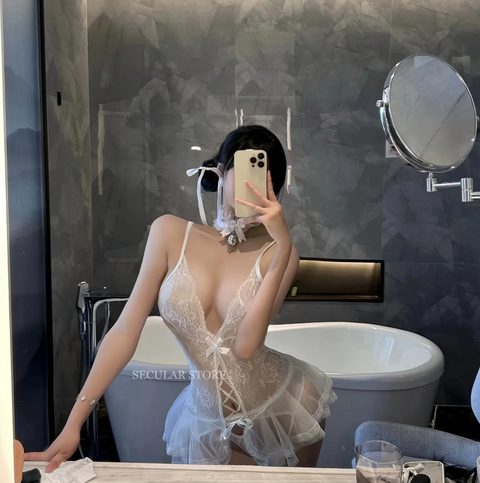 فستان نوم مثير شفاف من الدانتيل مع فتحة بين الرجلين، لا حاجة لإزالة ثوب النوم للعب الحار #2