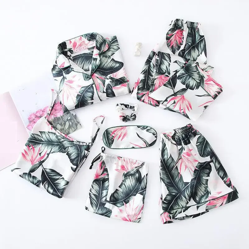 Print Pajamas Set Women Sleepwear Robe Nightgown Satin Cami Pijamas Suit Spring Summer Bathrobe Kimono Home Clothes Lounge Wear