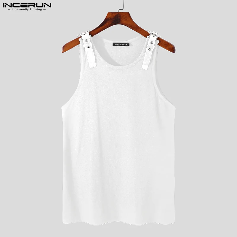 INCERUN Men Tank Tops Solid Color PU Leather Button Sleeveless Streetwear O-neck Vests 2024 Summer Fashion Men Clothing S-5XL