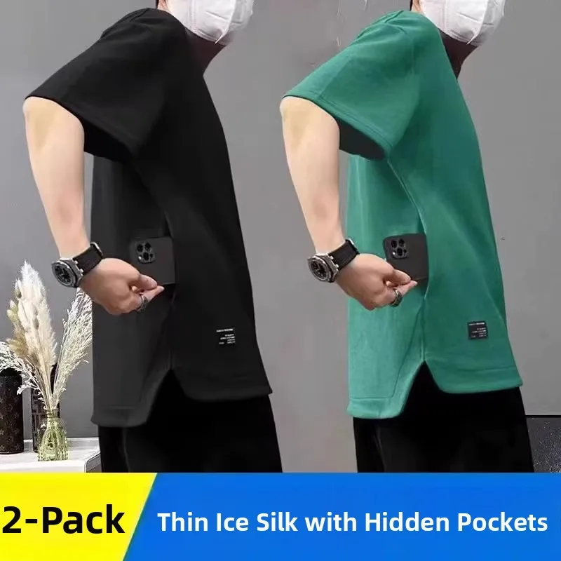 Summer 2026 Men's Casual Fashionable Pocket T-Shirt Short Sleeve Pure Color Bottom Split Half Sleeve Ice Silk round Neck Tee