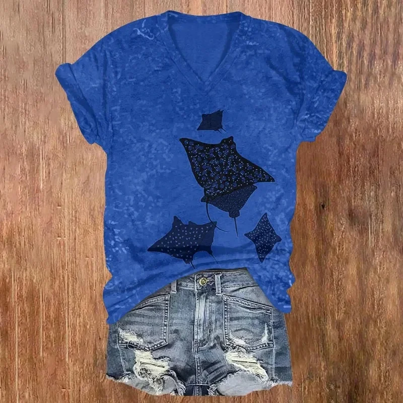 Vintage Colored Ray & Small Fish School Print V-neck T-shirt Summer Women's T Shirts