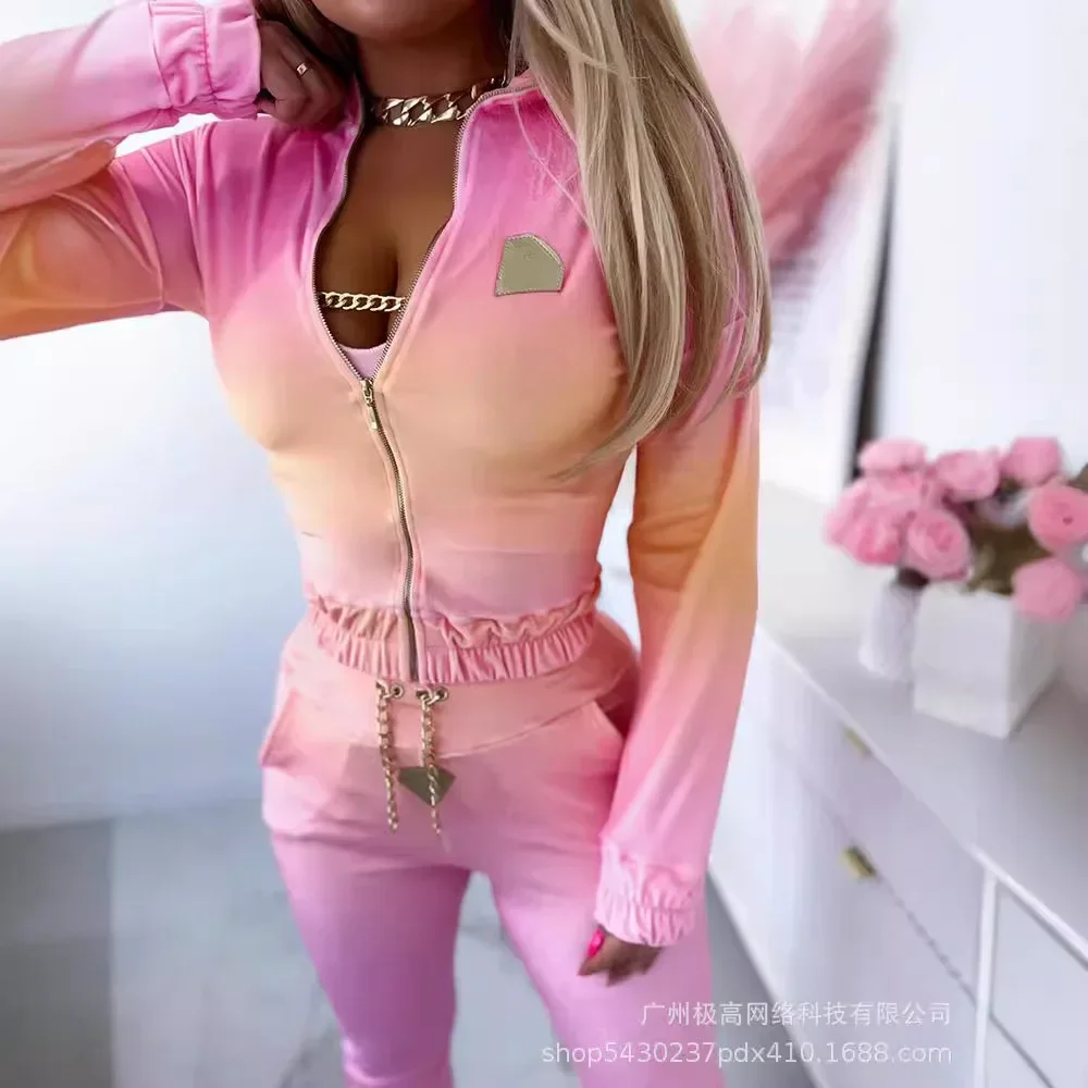 

3pcs Women Clothing Set Gradient Color Long Sleeve Zipper Jacket Sleeveless Tanks Tops High Waist Long Pants