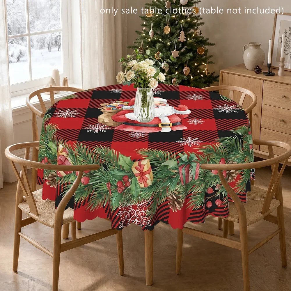 Santa Claus and pine needle garland polyester printed tablecloth, round table cover, suitable for indoor and outdoor use,