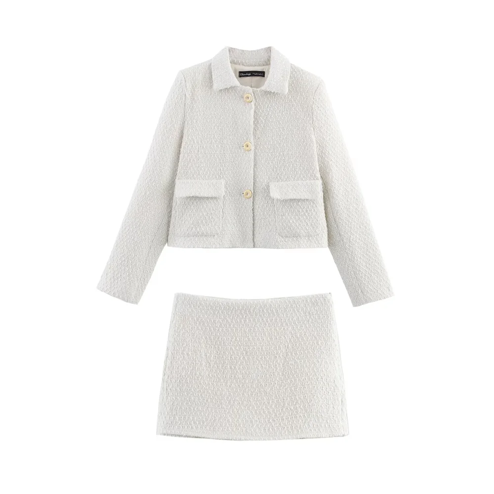 

PB&ZA2025 Elegant Feminine Classic Timeless Charming Refined Polished Vintage Off - white Tweed Jacket and Skirt Set