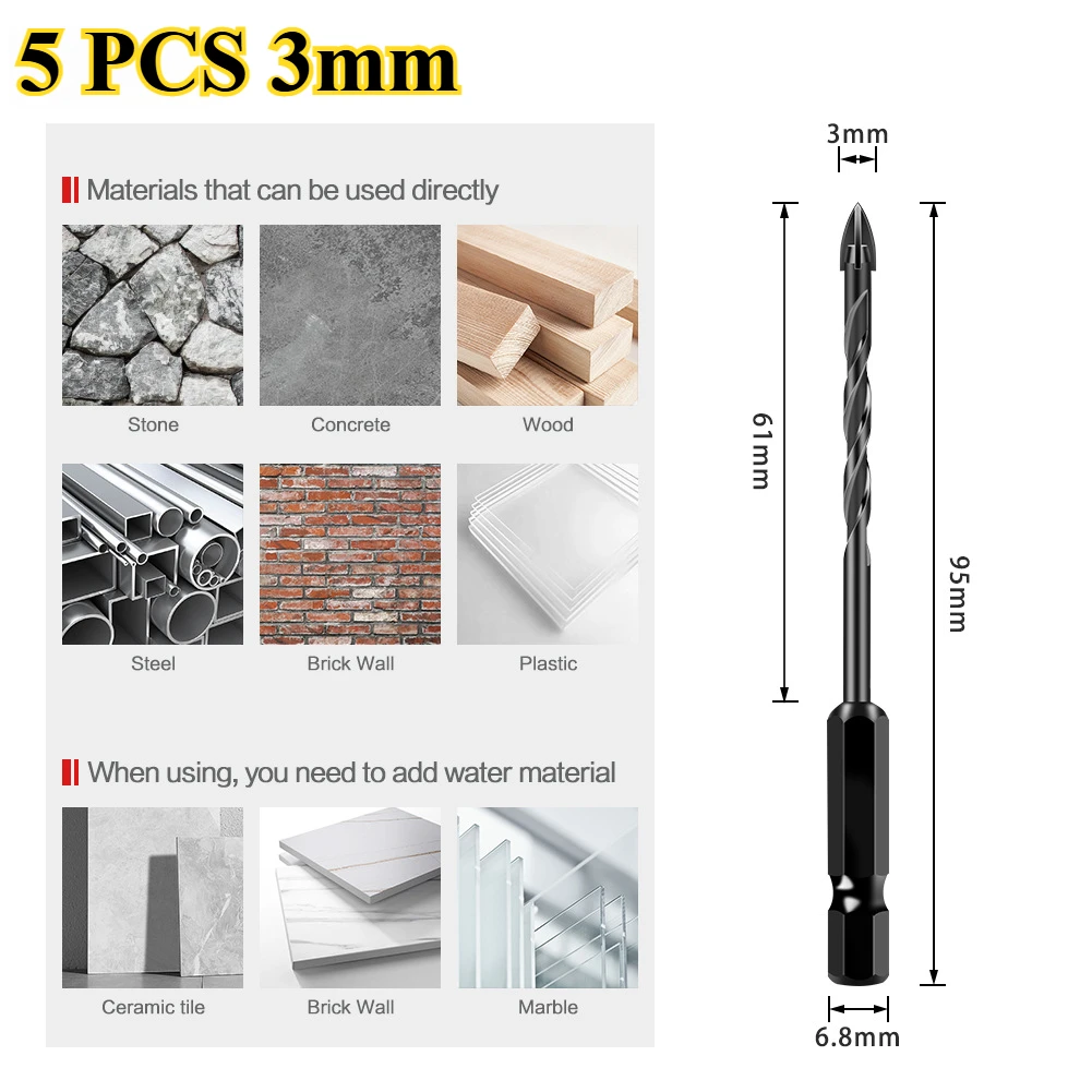 5 Pack Concrete Drill Bits Masonry Drill Bit Set, Tungsten Carbide Drill Bit Set For Tile/Ceramic/Glass/Brick Drilling Tools