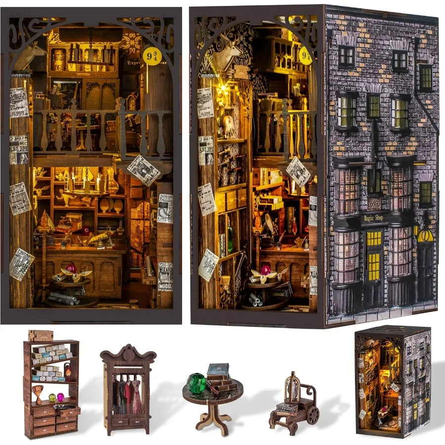 مجموعة أدوات ألغاز خشبية ثلاثية الأبعاد يمكنك صنعها بنفسك، رف كتب مصغر لديكور المنزل، مثالية لموضوعات الهالوين وعيد الميلاد الإبداعية #2