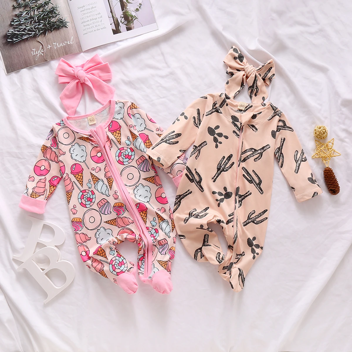 0-6M Newborn Baby Footies Cute Infant Girls Ruffles Long Sleeve Jumpsuit Cactus Donuts Print Spring Autumn Clothing