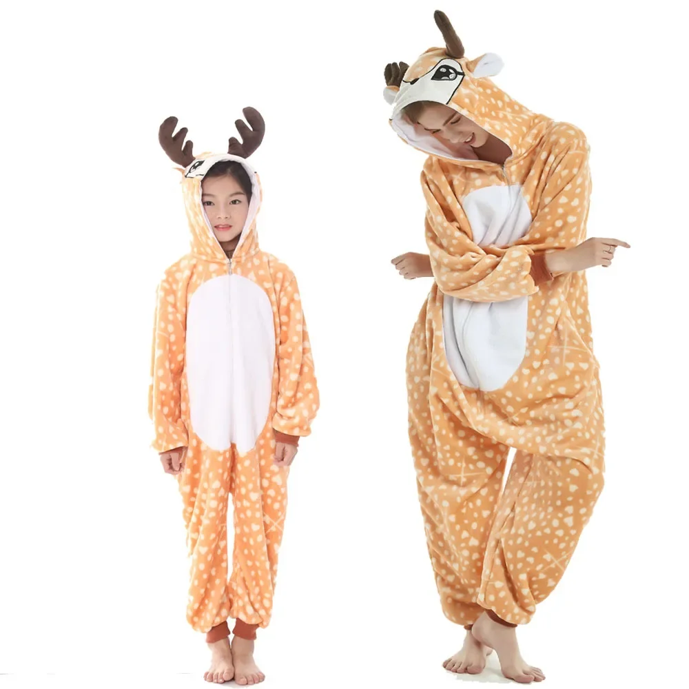 Kigurumi Women Unicorn Onesies Unisex Winter Flannel Pajama Set Kids Nightwear Boys Girls Clothes Suit Adults Reindeer Sleepwear