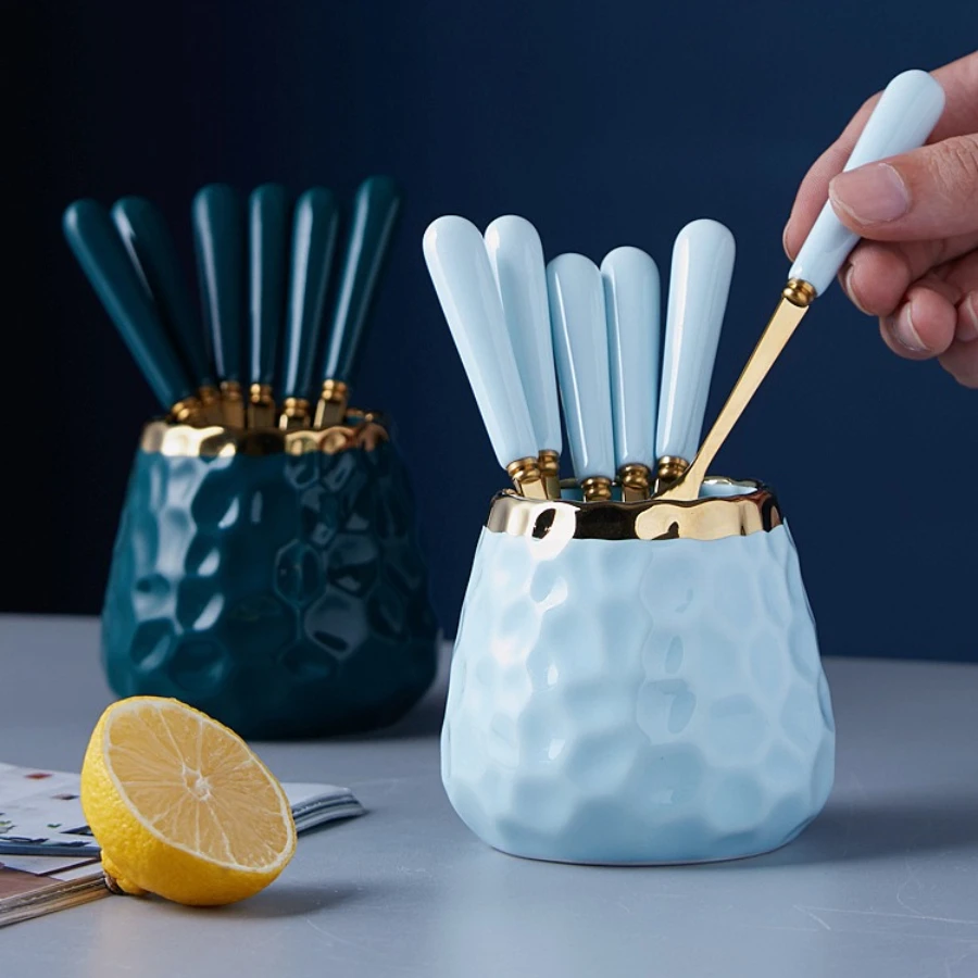 Openwork Ceramic Fruit Fork Storage Jar Hammered Texture Dessert Fruit Fork Household Reusable Tableware Stainless Steel Fork
