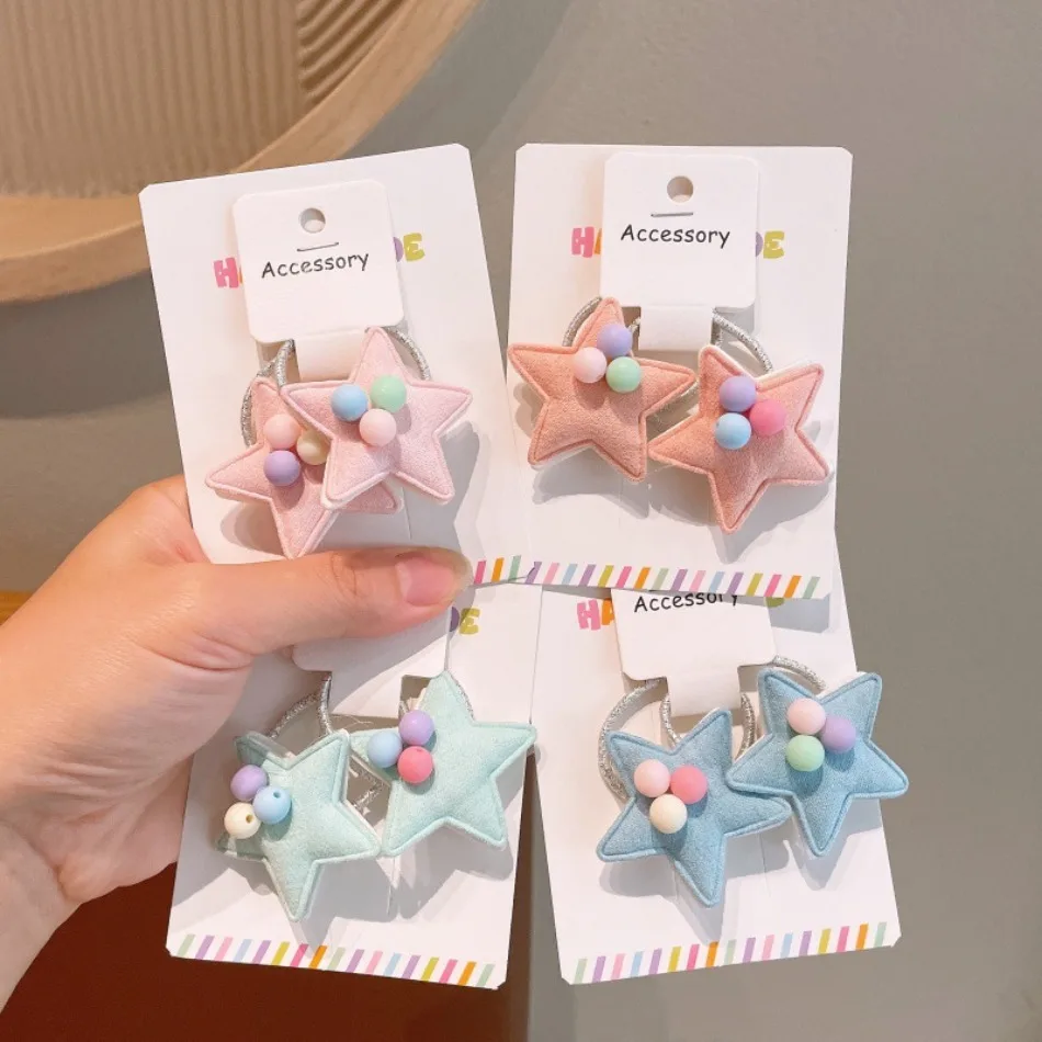 Soft Felt Five-Pointed Star Hair Ties with Pastel Beads Double Ponytail Elastic Bands Cute Toddler Kids Hair Accessory Pair ZX07