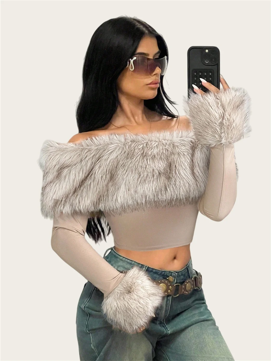 

Sisterlinda Hottie Furry Patchwork T-Shirt Women Sexy Slash Neck Full Sleeve Stretch Skinny Trend Midnight Party Club Crop Tees