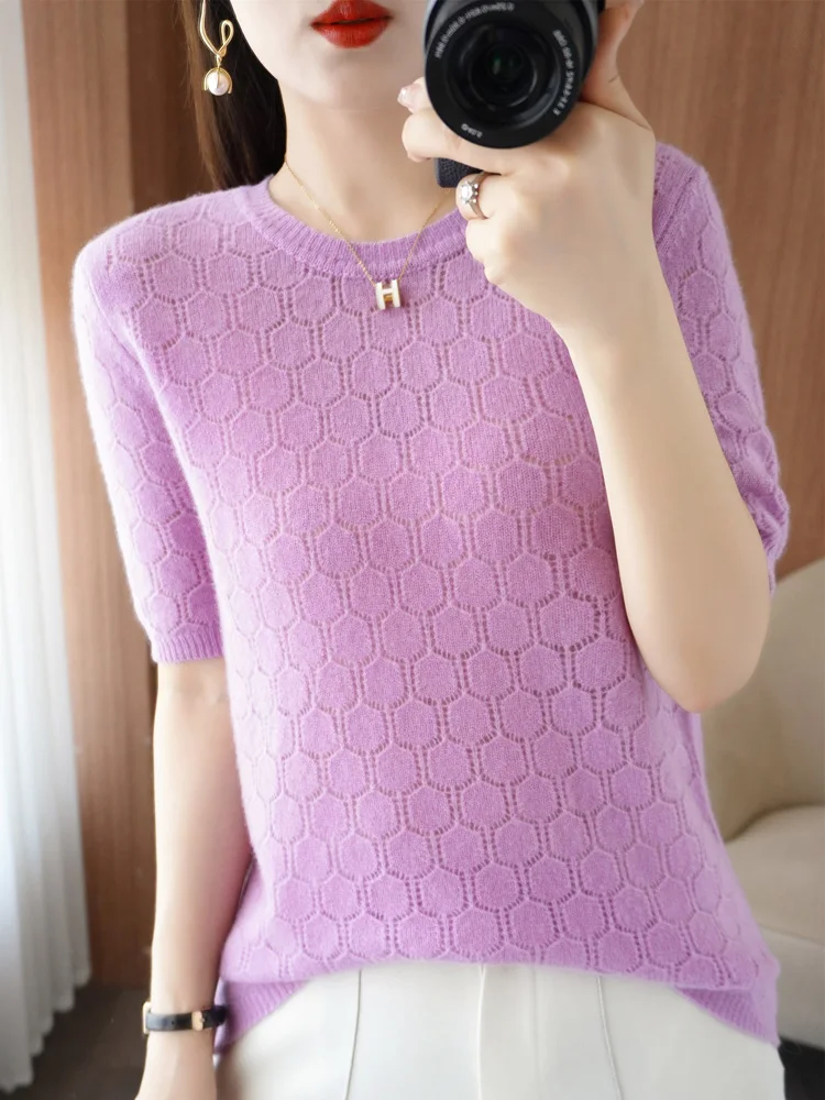 100% Merino Wool Women\' Sweater Spring Summer O-Neck Cellular Solid Color Hollow Out Pullover Short Sleeved Higt-Quality Tops