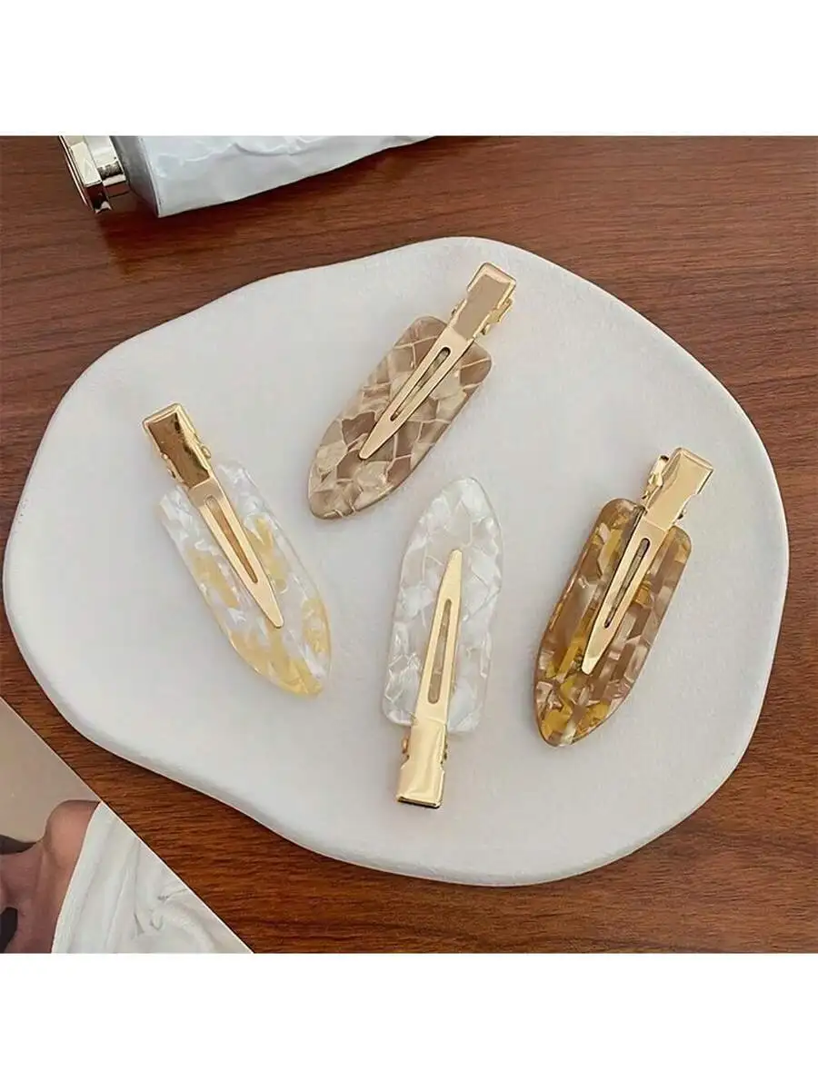 

4pcs Set Acetate Hair Clips For Women, Gold Tone Alligator Clips With Marble Pattern