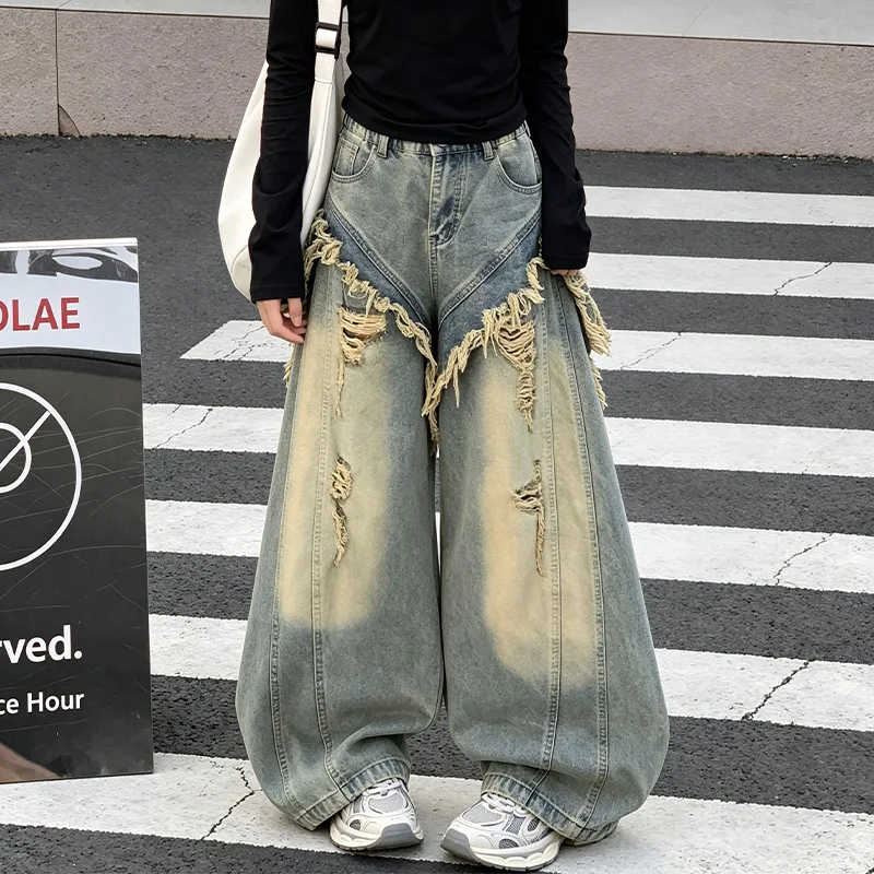 Girls Designer Baggy Jeans Kids Ripped Distressed Wide Leg Denim Pants with Stretchy Waist Burr Edge Denim Pants for Children