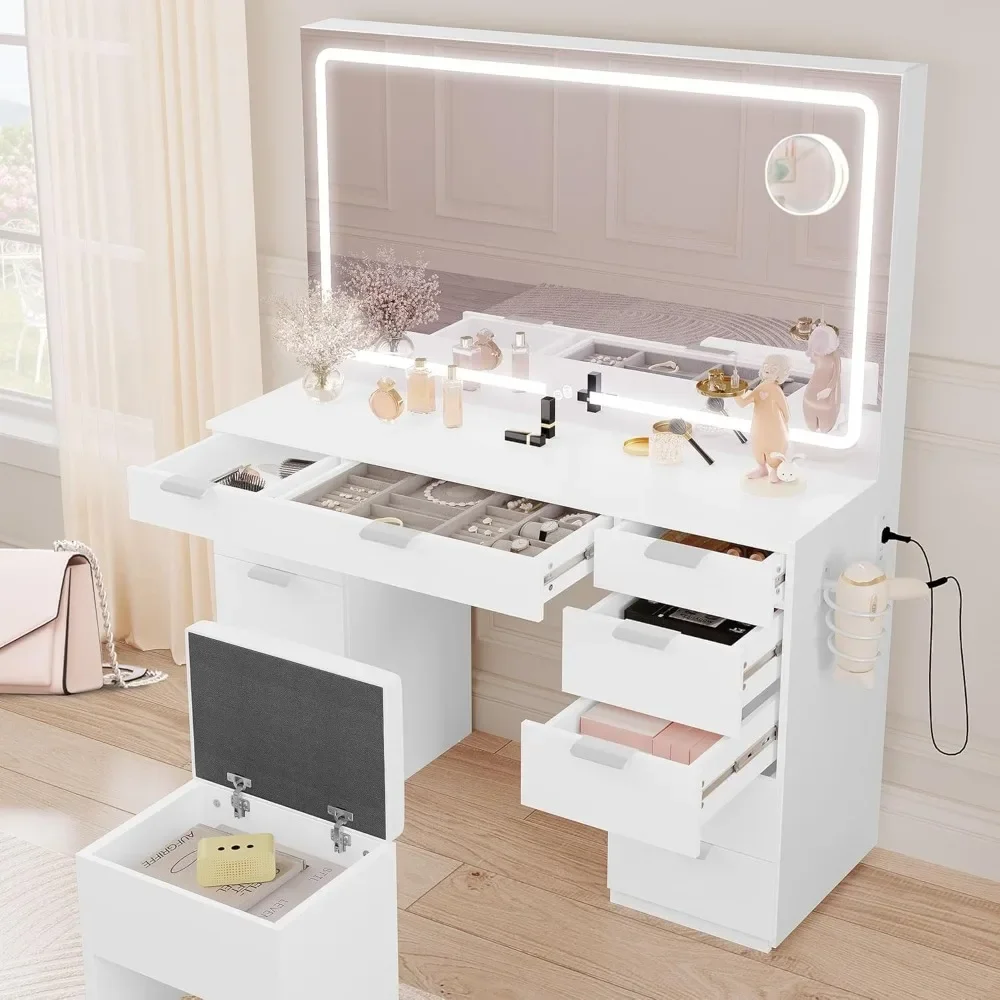 Vanity Desk Set with LED Lighted Mirror, Power Outlet, 11 Drawers, Magnifying Glass, Storage Bench for Bedroom