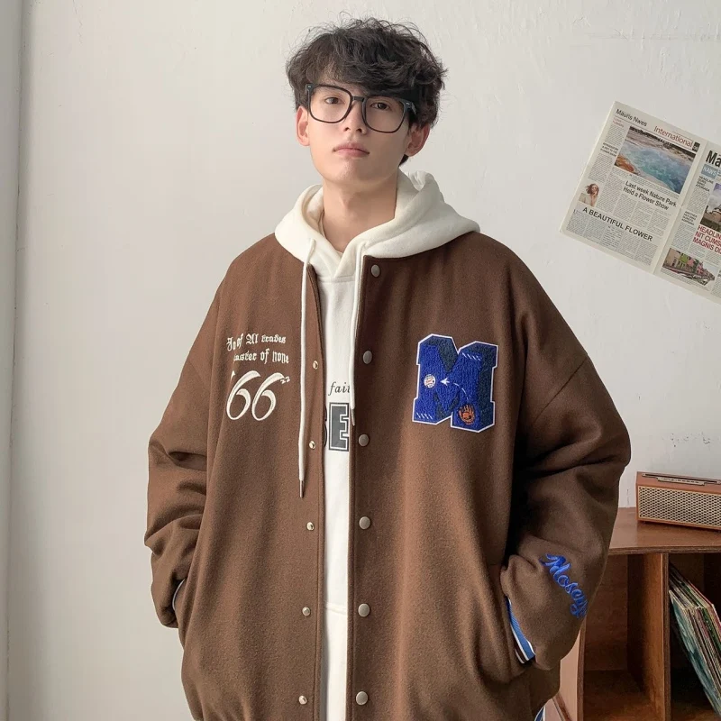 

American Retro Vintage Baseball Jaet for Men Spring Autumn Youth Pilot Coat Woolen Material Outerwear Loose Fit Embroidered