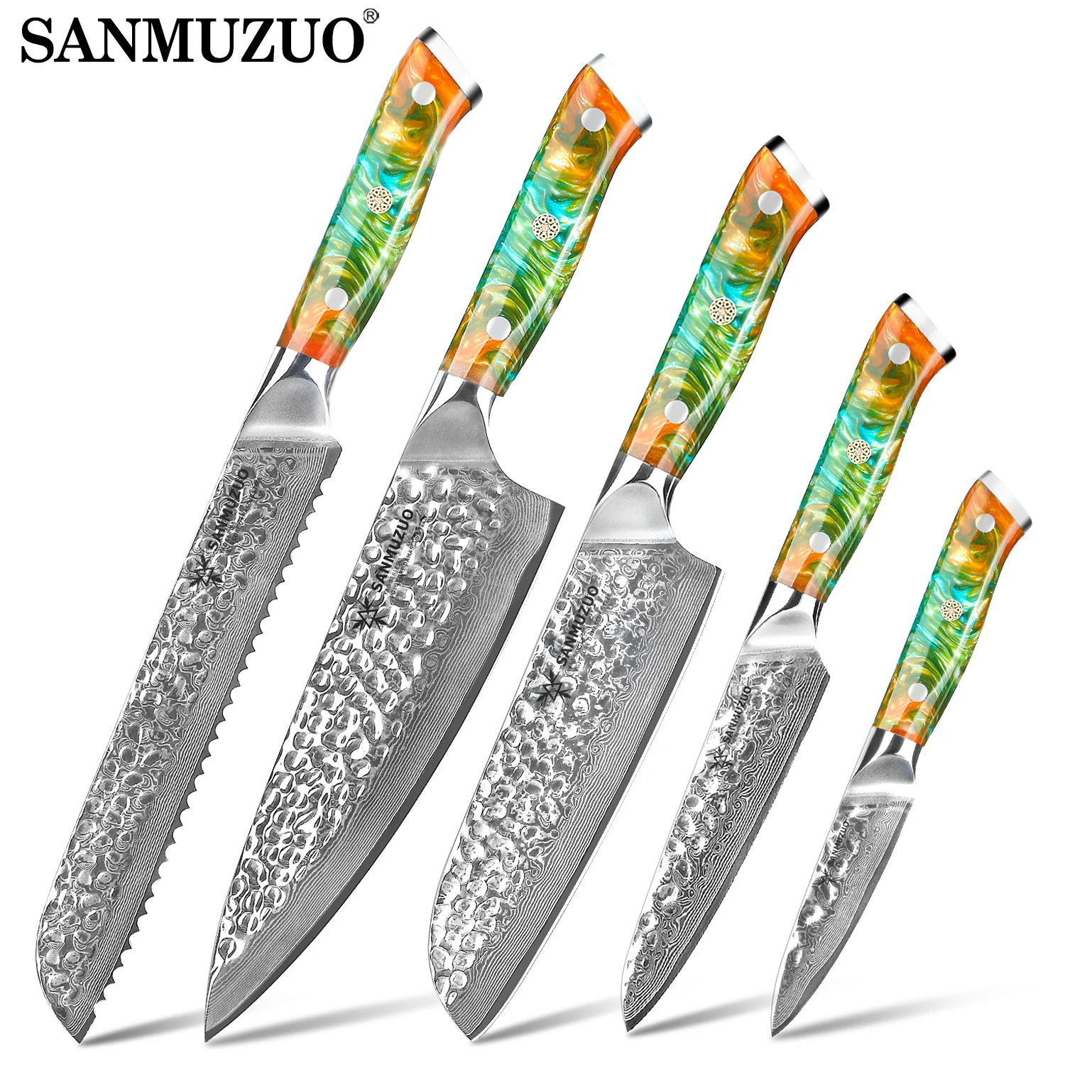 

SANMUZUO 5PCS Damascus Steel Kitchen Knife Set -Sharp Chef Santoku Paring Bread Utility Knife with Resin Handle for Home Kitchen