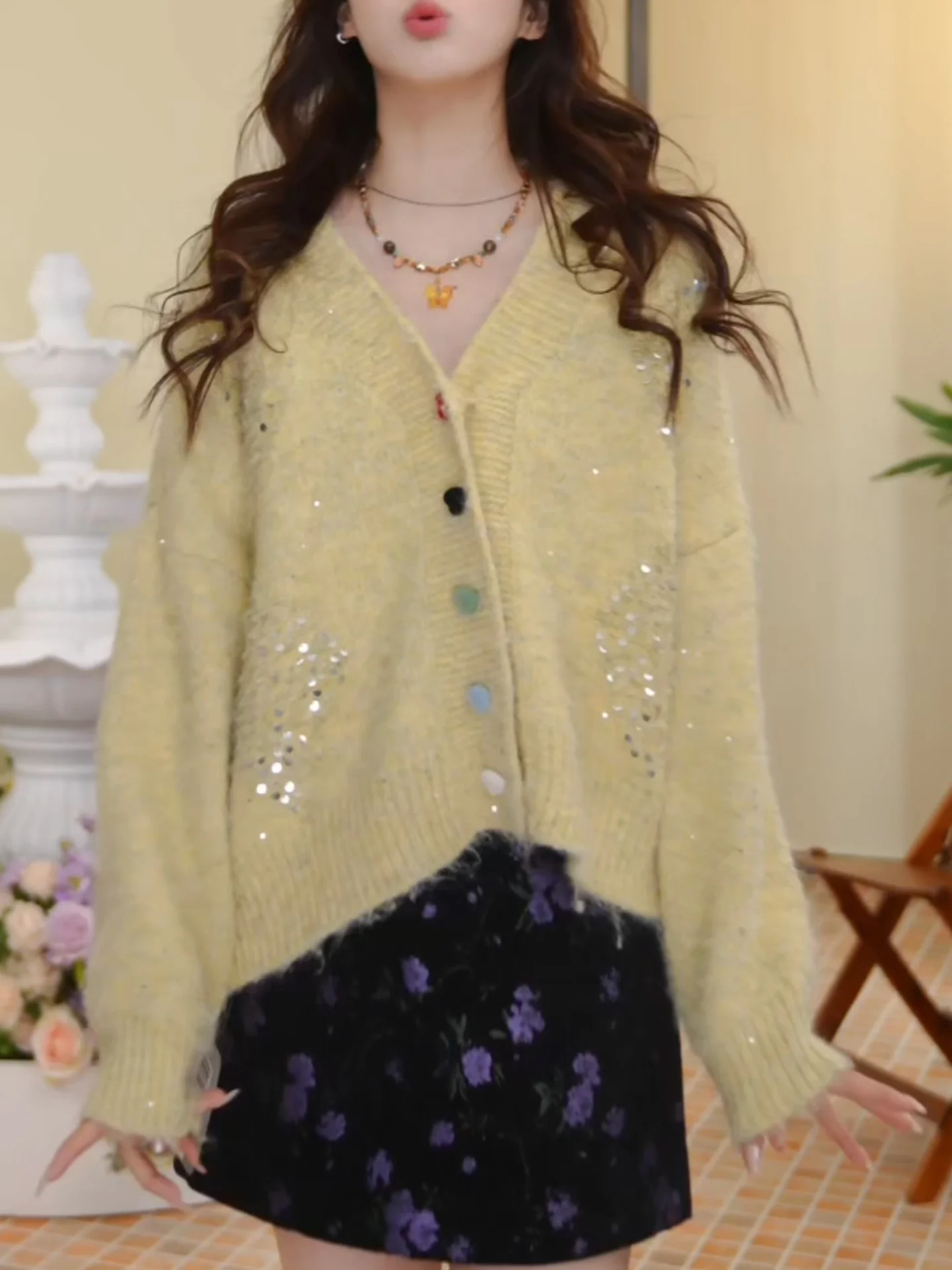 

Ele Yellow Long Sve V-Ne Sequin Open Cardigan Women's Faion Slimming High-End Feeling Sweater Top with Bu...