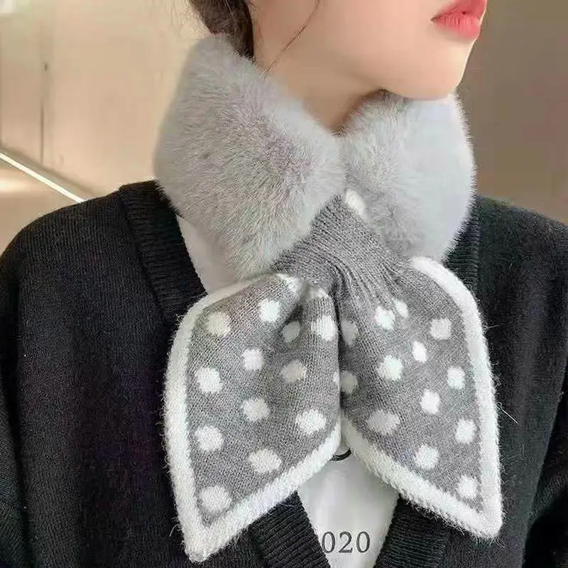 New Winter Plush Scarf Faux Fur Collar Neck Tie Women Korean Knitted Wave Point Cross Scarves Warmer Autumn Fake Rabbit Fur