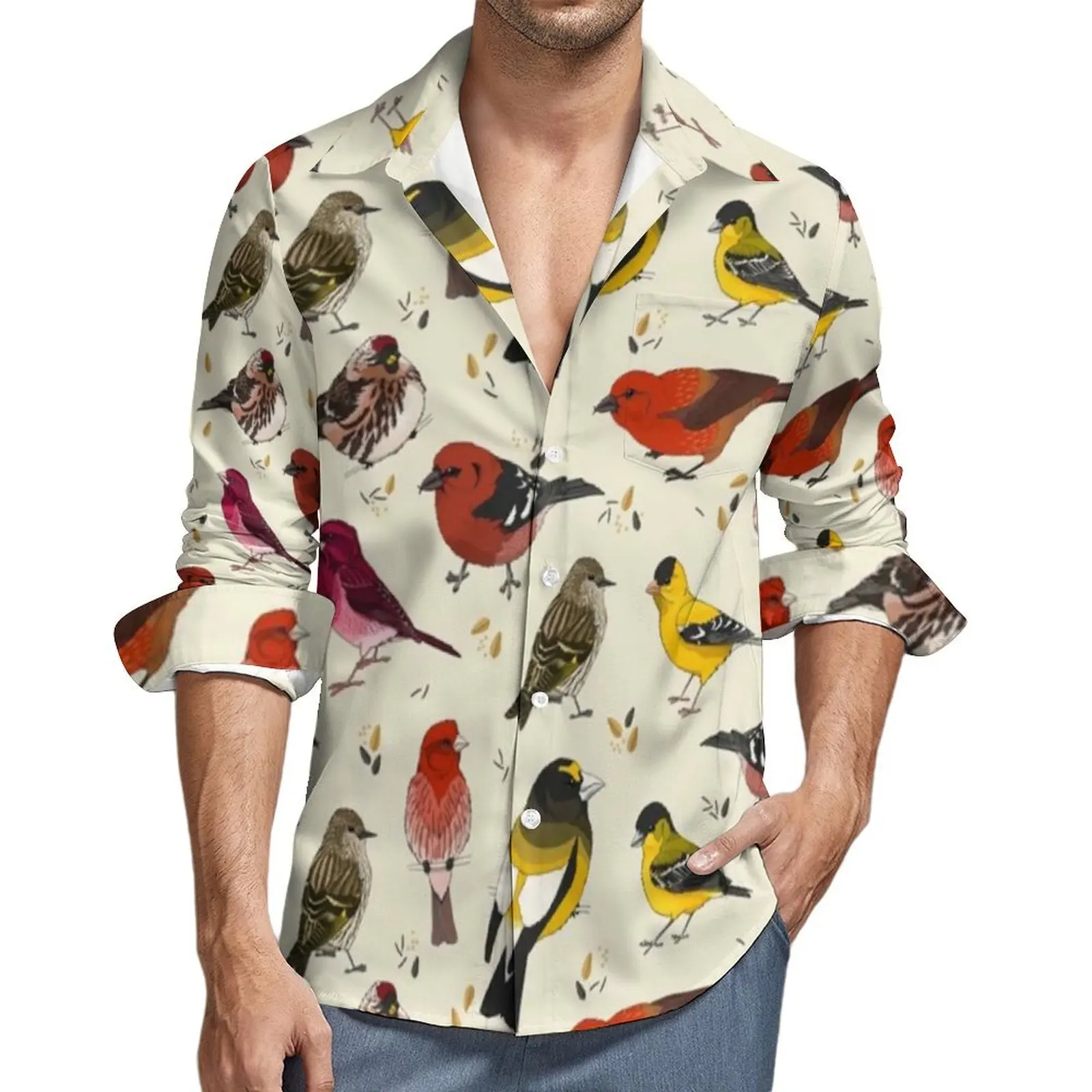 

Colorful Birds Print Casual Shirts North American Finches Novelty Shirt Autumn Harajuku Oversized Blouse Male Design Clothing