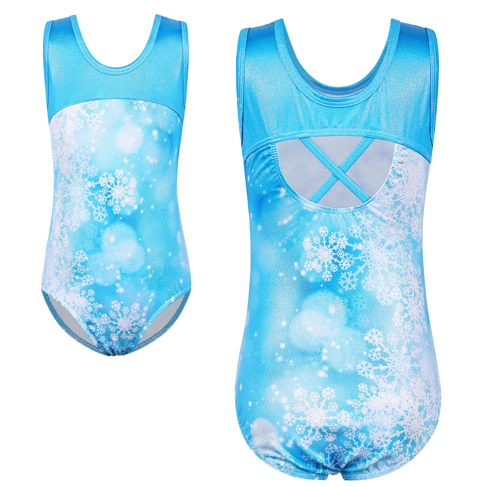 BAOHULU Teens Gymnastics Leotard for Girls Sleeveless Ballet Leotard Snowflake Print Blue Active Clothes Dance Costumes