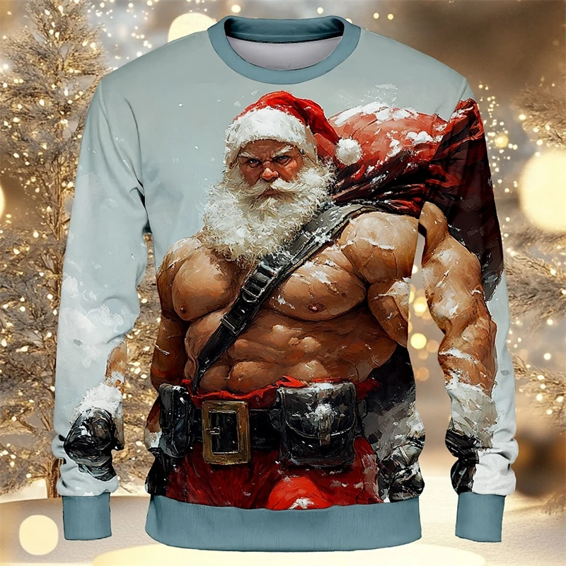 Cool Muscle Santa Sweatshirt Men's Long Sleeve Round Neck Pullover Sweatshirts 3d Print Funny Graphic Autumn Fashion Hoodies