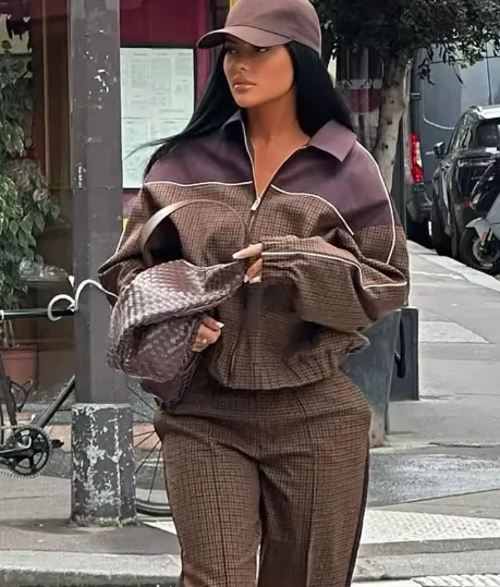 

Fmxires Women Chic Turn Down Collar Zipper Side Pockets Design Casual Coat Female Fashion Long SleeveTwo-piece Set for Ladies