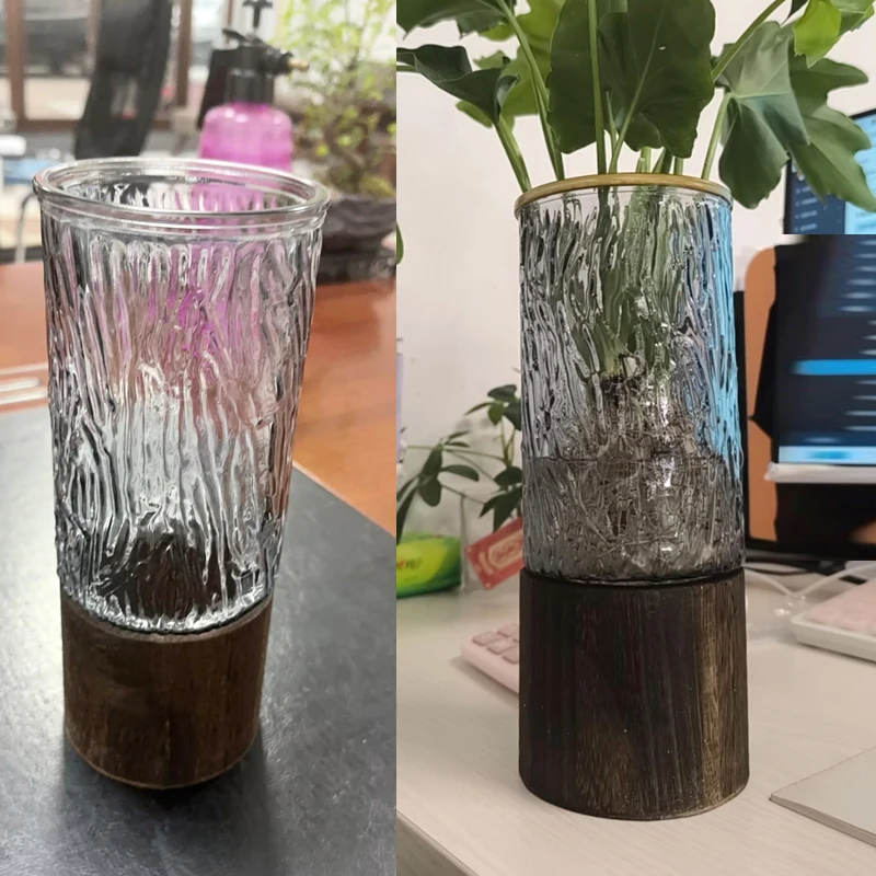 Creative Transparent Glass Vase With Wood Base, Water-grown Flower Arrangement, Home Living Room, Dining Table, Decorations, 1Pc