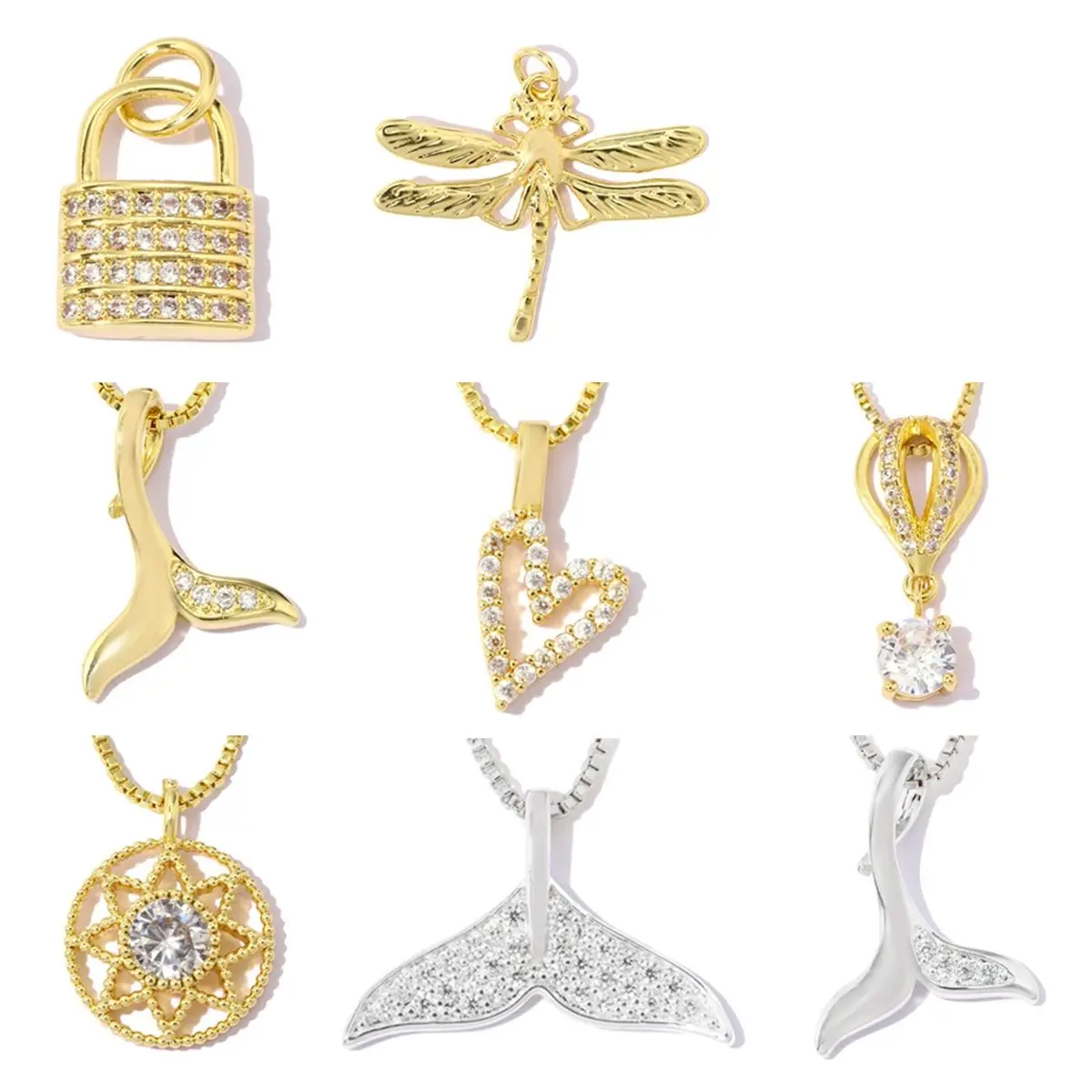 5Pcs/Lot Copper Heart Dragonfly Charm Zircon Fish Tail Pendants For DIY Making Necklace Earrings Fashion Jewelry Wholesale