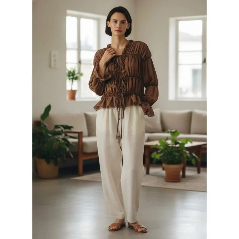Women's Spring Summer Sheer Ruffled Blouse V Neck Tie Front Ruched Frill Trim Flowy Chiffon Shirt For Casual Daily Office Wear