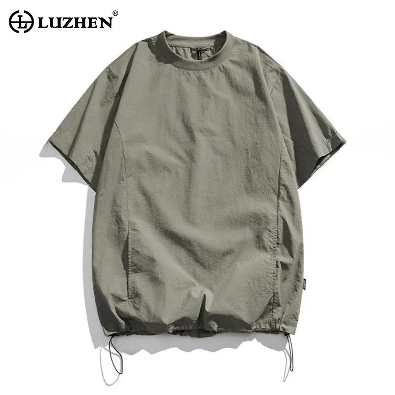 

LUZHEN Fashion Drawstring Elastic Hem Short Sleeve T-shirts Men's 2025 Summer Original Loose Solid Color Casual Clothes JY2817