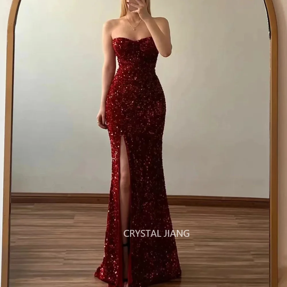 

Vintage Long Burgundy Strapless Sequins Evening Dresses Sleeveless with Slit Mermaid Floor Length Vestido De Festa