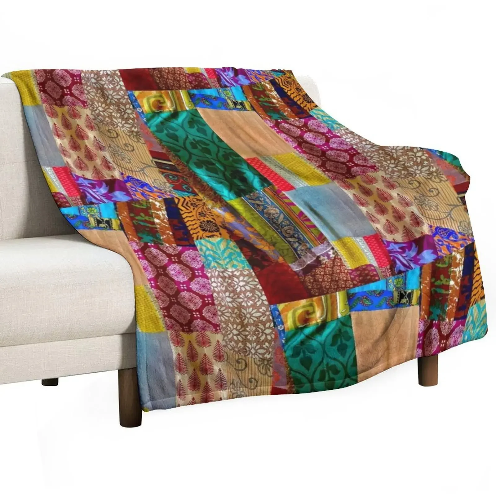 Kantha Silk India Saries repurposed into Boho Goddess Throw Blanket Picnic Travel Blankets